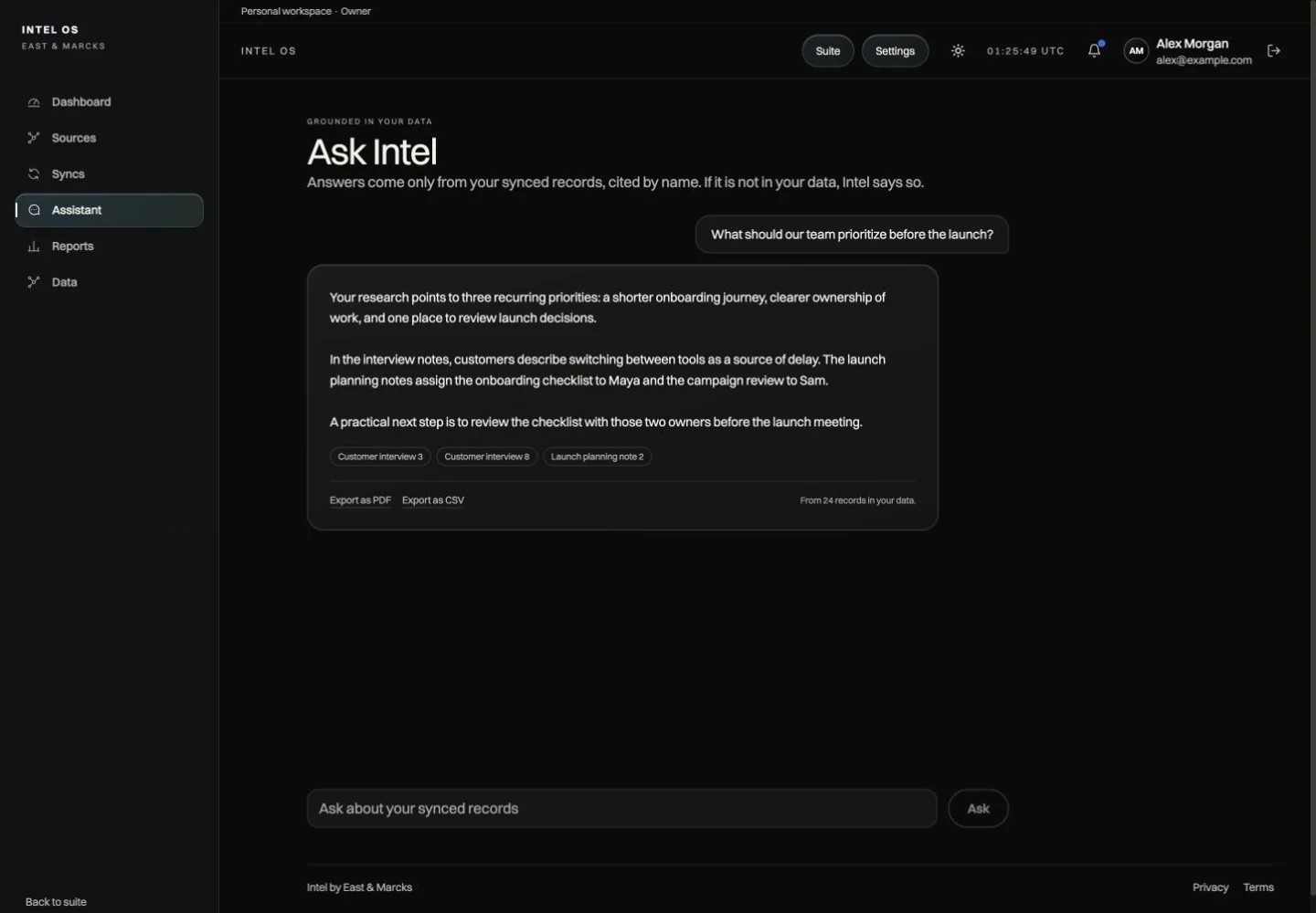 Actual Intel data conversation in dark mode, with illustrative sample data