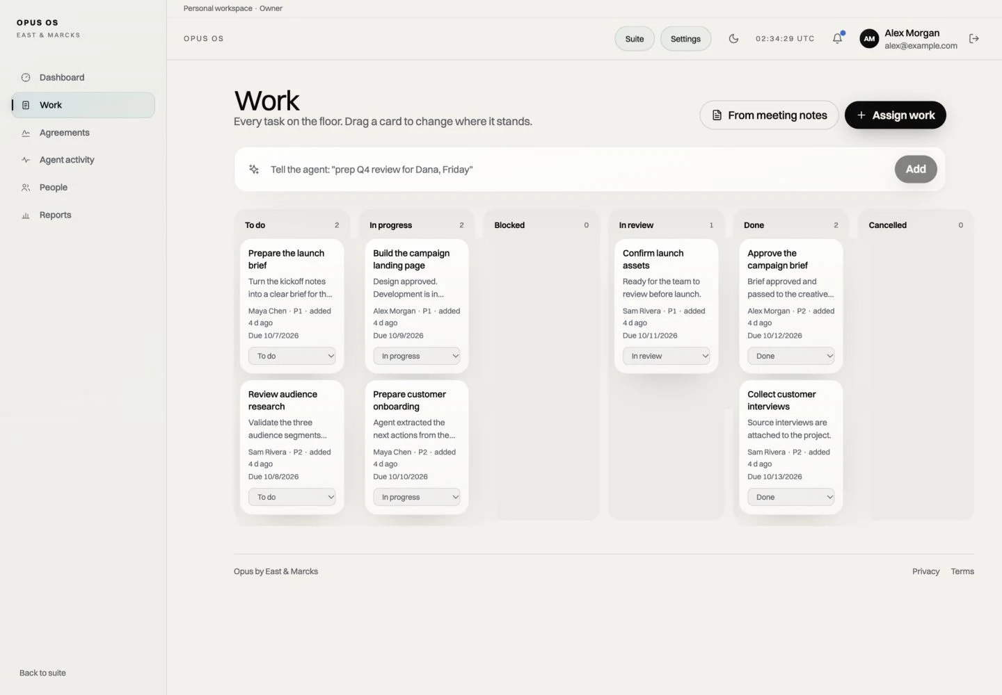 Actual Opus agent-assisted Kanban in light mode, with illustrative sample data
