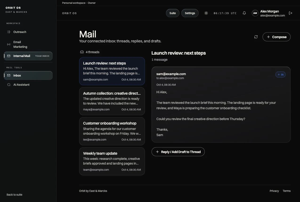 Actual Orbit email conversation in dark mode, with illustrative sample data